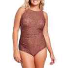 Kona Sol Nwt Women's 17 Brown Spotted Print High Neck Ruched One Piece Swimsuit
