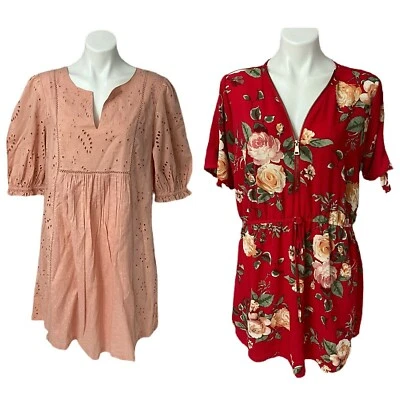 Justify Dress Womens XL Floral Prairie Eyelet Lace Shift Red Cottage Prairie - Image 1 of 4