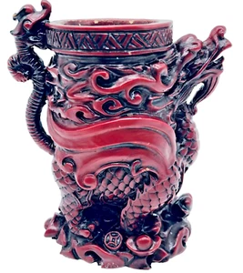 Vintage chinesischer roter Drache Pinsel Topf Halter Zinnober Stil Harz Lackware 5" hoch - Bild 1 von 17