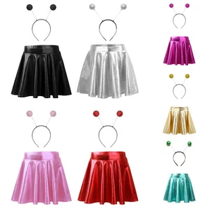 Girls Skirt A-Line Short Dress Night Club Outfit Dance Glossy Role Play Flared - Picture 1 of 72