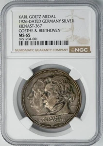 1926 Germany Karl Goetz Medal Kienast-367 Goethe & Beethoven MS65 NGC 949935-1 - Picture 1 of 4