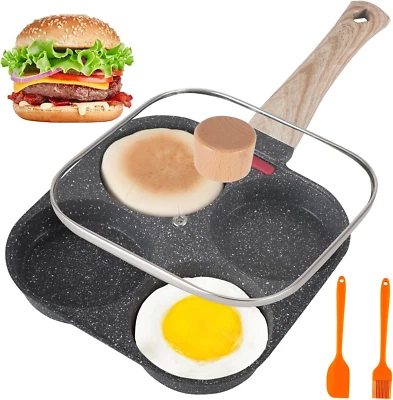 AHFLRTO Egg Pan 4 Cup Egg Pans Nonstick Aluminum Egg Frying Pan with Lid Healthy