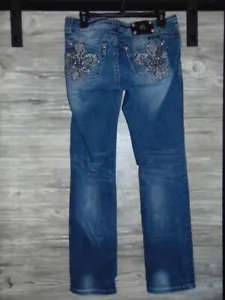 Miss Me EASY STRAIGHT Cut Jeans Fleur De Lis BLING Distressed 29X33 - Picture 1 of 3
