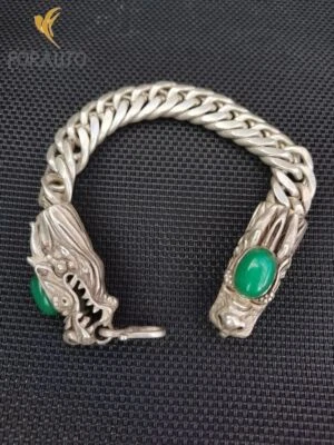 QS08 Antiguo Brazalete Cabeza Dragón Jade Verde Incrustación Plata Tíbet Chino Foto 1 de 4