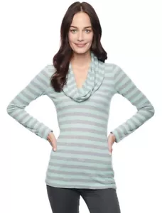 NWT SPLENDID S M L XL Long Sleeve Thermal Stripe Cowl Neck Top Sweater Gray Teal - Picture 1 of 7