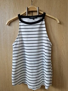 Womens Sleeveless New Look Blouse High Neck Striped White Collarless Vest Top 8 - Picture 1 of 4