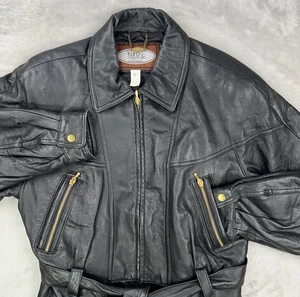 Vintage EURO MOND Leather Belted Jacket Women’s XL Short Cinch Bomber Coat Black - Picture 1 of 22