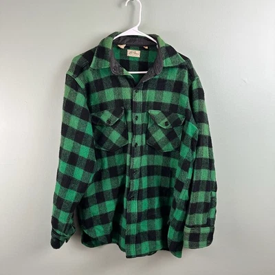 VTG LL Bean Mens Green Black Buffalo Plaid Wool Nylon Flannel Shirt LG Script - Image 1 of 4