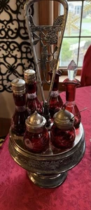 Vintage Ruby Red Etched Glass Cruet Set Silver Base 7 Piece with Stoppers - Picture 1 of 6