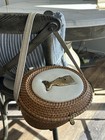 Woven rattan Nantucket lightship basket purse w/ carved whale ornament
