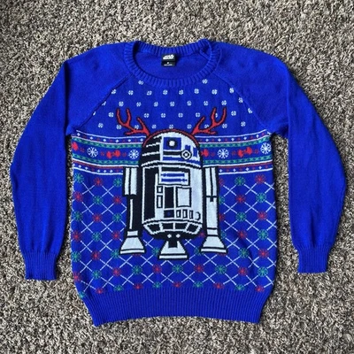 Star Wars Christmas Sweater Mens M R2D2 Reindeer Ugly Sweater Blue Snowflakes - Image 1 of 4
