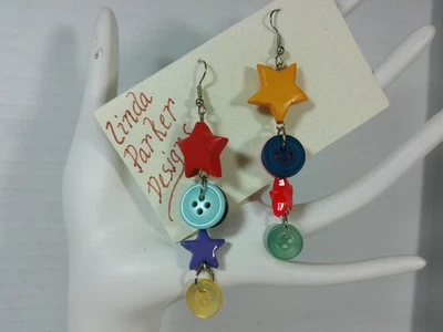 Artisan Wood Star Plastic Sewing Button Long Dangle Boho Mod Whimsical Earrings - Image 1 of 4