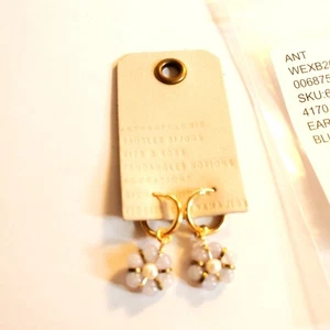 Anthropologie Beaded flower dangling earrings blue and gold plate earrings NWT - Picture 1 of 6