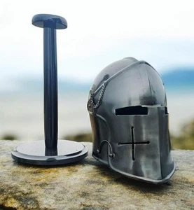 Casque médiéval noir barbute casque portable en acier chevalier armure... - Foto 1 di 10