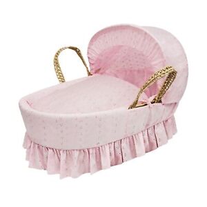 BA Girls Pink Palm Moses Basket with Quilt, Padded Liner, Body & Hood