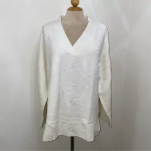 V-Neck Batwing Long Sleeve Oversized Ribbed Side Slit Pullover White Sweater M - Picture 1 of 9