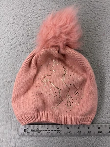 Unicorn Beanie Toque Youth Girls Large Pink Knit Acrylic Blend Faux Fur Pom - Picture 1 of 9