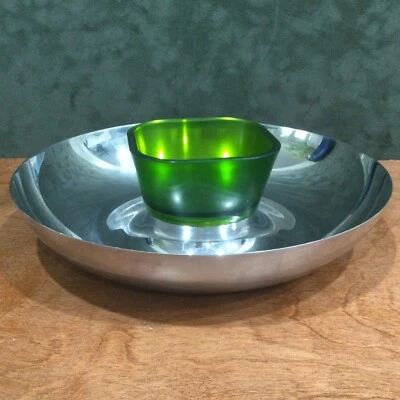 Vintage Alessi 9” Serving Dish, Italy Stainless Steel/Dip Green Bowl Circa 2000 - Image 1 of 4