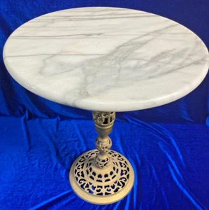 Vintage Retro White Round Marble Top on Brass Stand Table 45x38cm Side Table - Picture 1 of 9