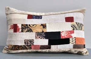 Patchwork Cushion Cover Antique Linen, Vintage Batik & William Morris 30 x 50cm - Picture 1 of 16