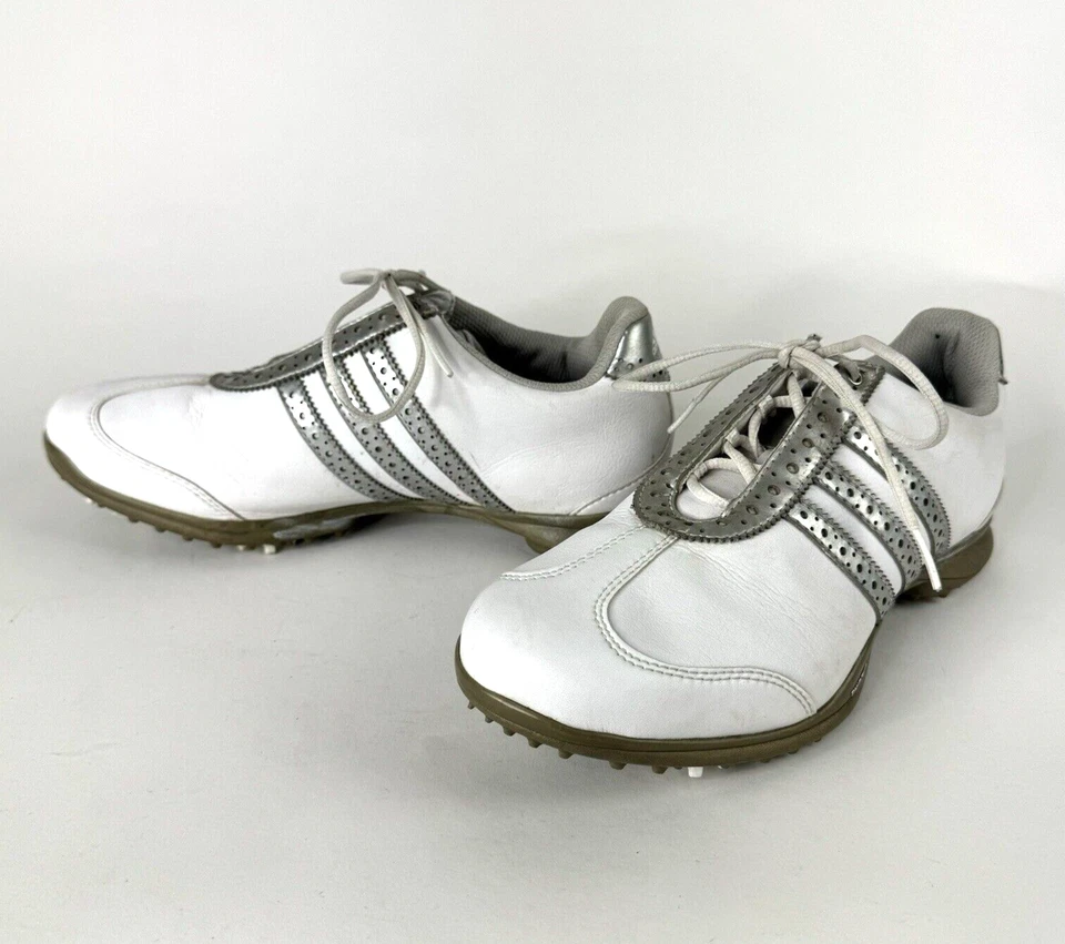 Туфли для гольфа женские Adidas 8 белые серые кожаные драйвер бутсы 671310 - Изображение 1 из 4