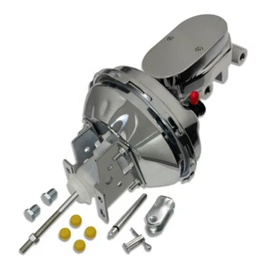 9" Single Chrome Brake Booster w/ Flat Top Brake Master Cylinder 3/8" 4 Ports - Picture 1 of 5