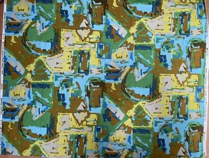 ••RARE Vintage Mid Century Blue Green Fabric COHAMA Prisma Screen Print 4+ Yards - Picture 1 of 6