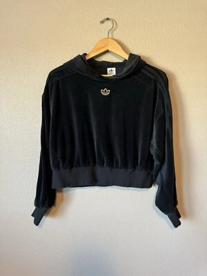 Adidas Women's Velvet Oversized Pullover Cropped Hoodie Black Size M 19x21 - Image 1 of 4
