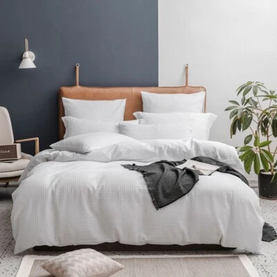 Juego de funda nórdica Seersucker, ropa de cama a rayas de algodón blanco textura king gofre Foto 1 de 4