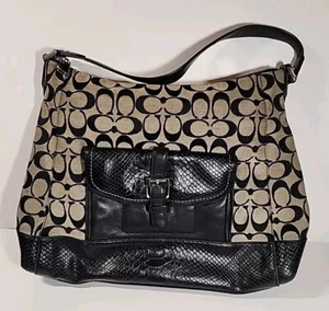 Coach Charlie Signature Python Hobo Style# F32081 Black Leather/Beige Canvas - Picture 1 of 20