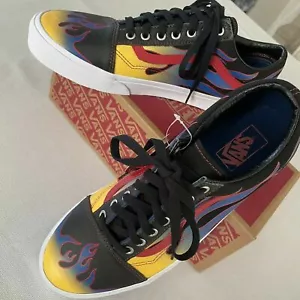 New Men's Size 11 VANS Old Skool Core Classics Racer Black Leather Flames Shoes - Picture 1 of 5
