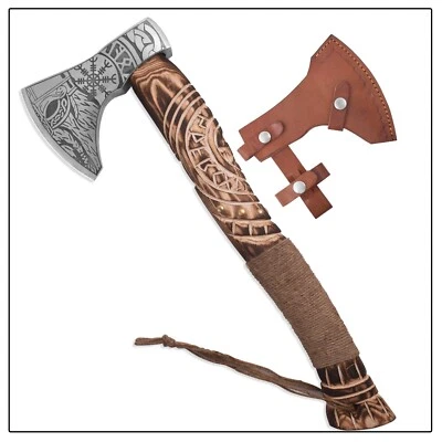 Custom Forged Damascus Bowie Hunting Axe – Rosewood Grip + Leather Sheath - Image 1 of 4