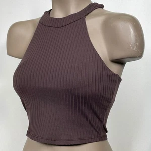 ALO Yoga Ribbed Brown High Neck Racerback Cropped Tank Top Women's SMALL - Picture 1 of 10