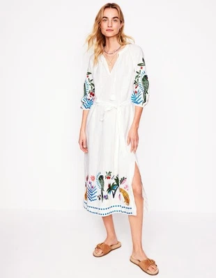 BODEN Embroidered White Linen Tassel Midi Dress Tropical Resort Beach 4 US $298 - Image 1 of 4
