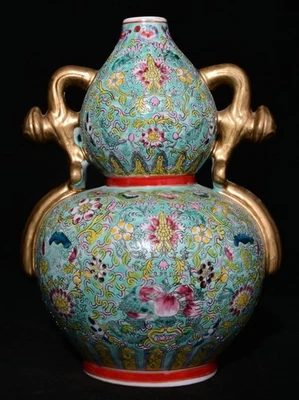 Jarrón botella flor calabaza oreja ruyi dorado porcelana esmalte Qing qianlong 13" Foto 1 de 4