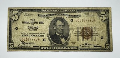 1929 $5 Federal Reserve Bank of Chicago, Illinois - Image 1 of 2