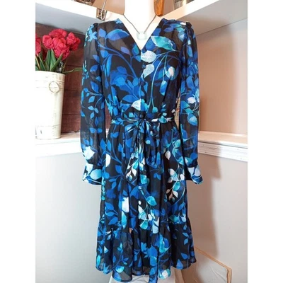Calvin Klein Womens Blue Floral Chiffon Long Sleeve Dress Size 6 - Image 1 of 4