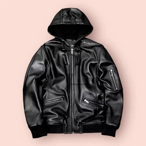 Men's Front Zipper Style Black Leather Hoodie Genuine Lambskin Leather Hoodie - Picture 1 of 5