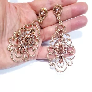 Chandelier Rhinestone Crystal Pageant Bridal Earrings Topaz Drop Dangle 3.6 Inch - Picture 1 of 15