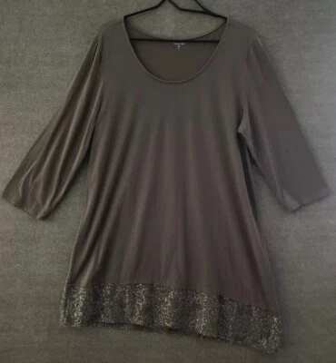 Garnet Hill 女式 XL 码棕色亮片棉 3/4 袖针织上衣二手状况完好 — 第 1/4 张图片