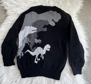 Y2K Boys Black Cardigan With Dinosaur In The Back Size S 6/7 - Picture 1 of 5