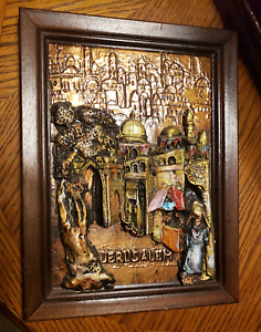 JERUSALEM Framed Picture 3D City Religious Copper Holy City 15x11"  Vintage