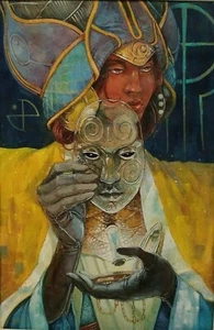 2015 Artist JMW Sd ORIG GOUACHE FANTASY SCI-FI EGYPTIAN? FIGURE TRANSPAERNT MASK - Picture 1 of 12