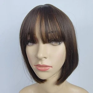 Brown Highlights Short Straight Bob Bangs Synthetic Classic Cap Women Wig Sz S-M - Picture 1 of 11