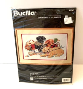 Bucilla 1996 gestempelt Kreuzstich Sportin Pups 41343 Angeln Hund siehe Beschreibung - Bild 1 von 2