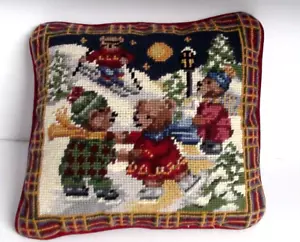 VINTAGE NEEDLEPOINT PILLOW 9 X 9 WINTER SCENE BEARS SKATING AND SKIING - Picture 1 of 3
