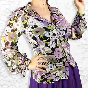 Floral Purple Blouse Ladies 10 Semi Sheer Cottage Fairy Core Indie 90s Vintage - Picture 1 of 6