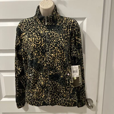 NUEVO CON ETIQUETAS $40 Jane Ashley Talla S Negro/Tostado Animal Print Cremallera Polar Chaqueta (C3) Foto 1 de 4