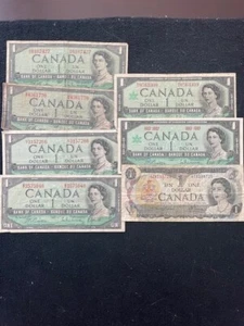 CANADIAN DOLLAR BILL LOT 7 TOTAL BILLS 1954 (4) 1967 (2) 1973 (1) - Picture 1 of 5
