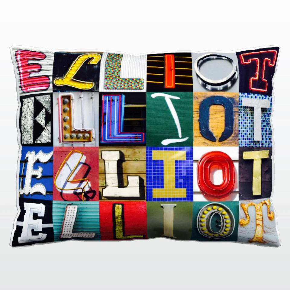 Personalized Pillow featuring the name ELLIOT in photos of sign letters - Image 1 of 1
